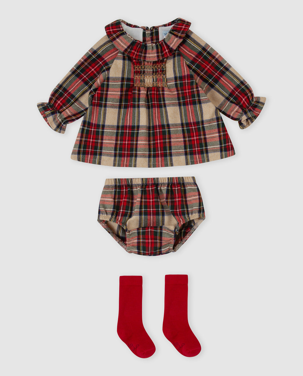 Tutto Piccolo 3-delige geruite baby set meisjes - jurk met smockwerk en ruffle kraag, broekje en rode kniekousen