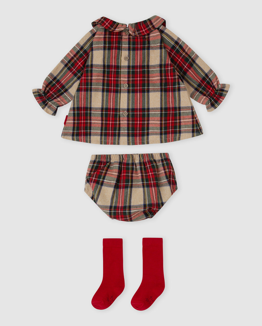 Tutto Piccolo 3-delige geruite baby set meisjes achterkant - geruite jurk met knoopjes, bijpassend broekje en rode sokken