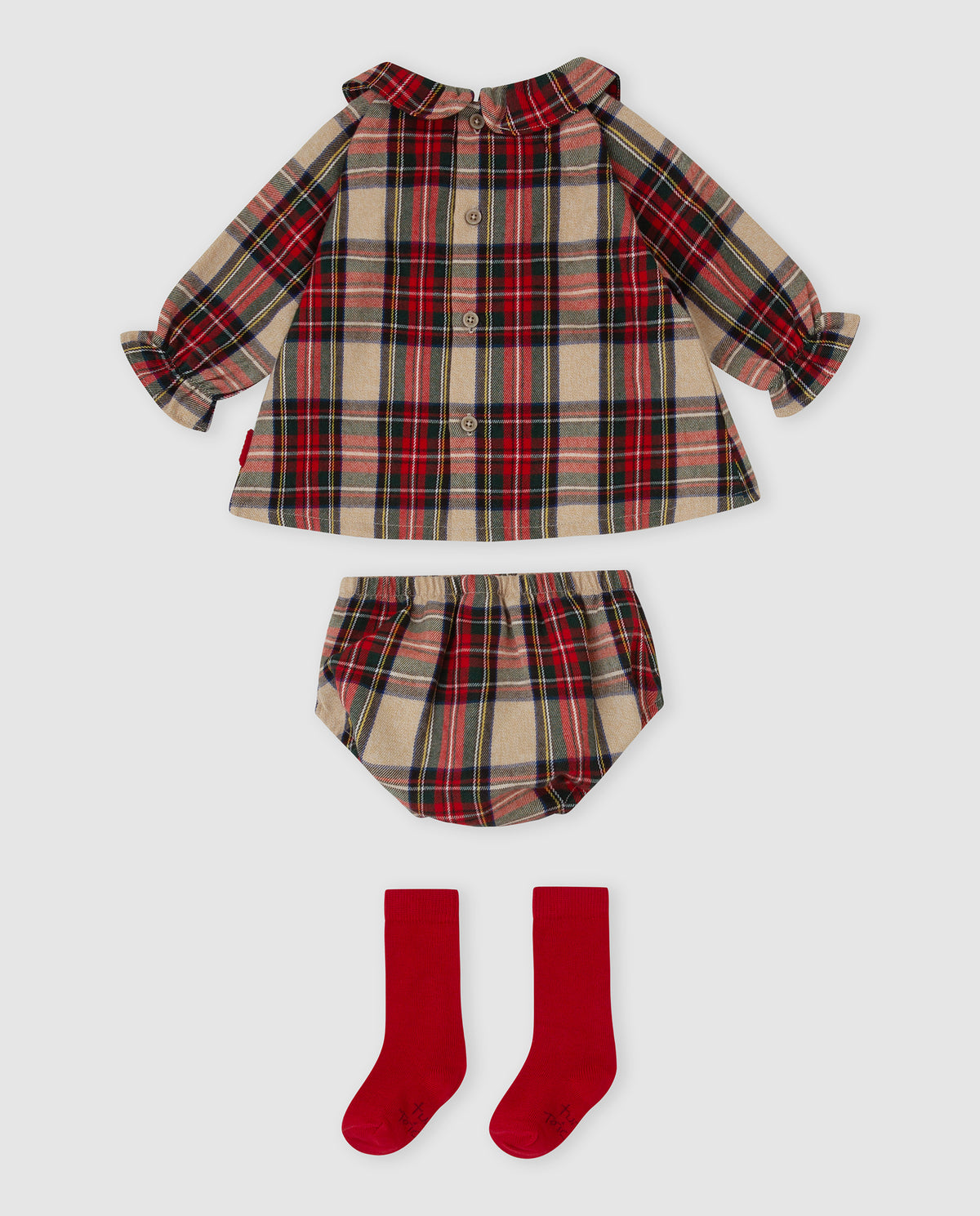 Tutto Piccolo 3-delige geruite baby set meisjes achterkant - geruite jurk met knoopjes, bijpassend broekje en rode sokken