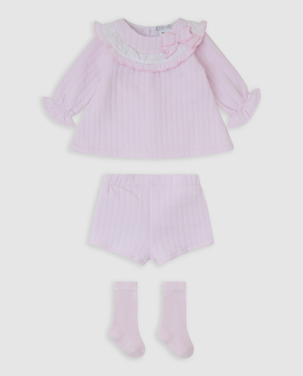 Tutto Piccolo 3-delige roze baby set meisjes - jurk met dubbele ruffle kraag en strik, bijpassend broekje en roze kniekousen