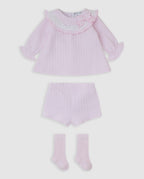 Tutto Piccolo 3-delige roze baby set meisjes - jurk met dubbele ruffle kraag en strik, bijpassend broekje en roze kniekousen