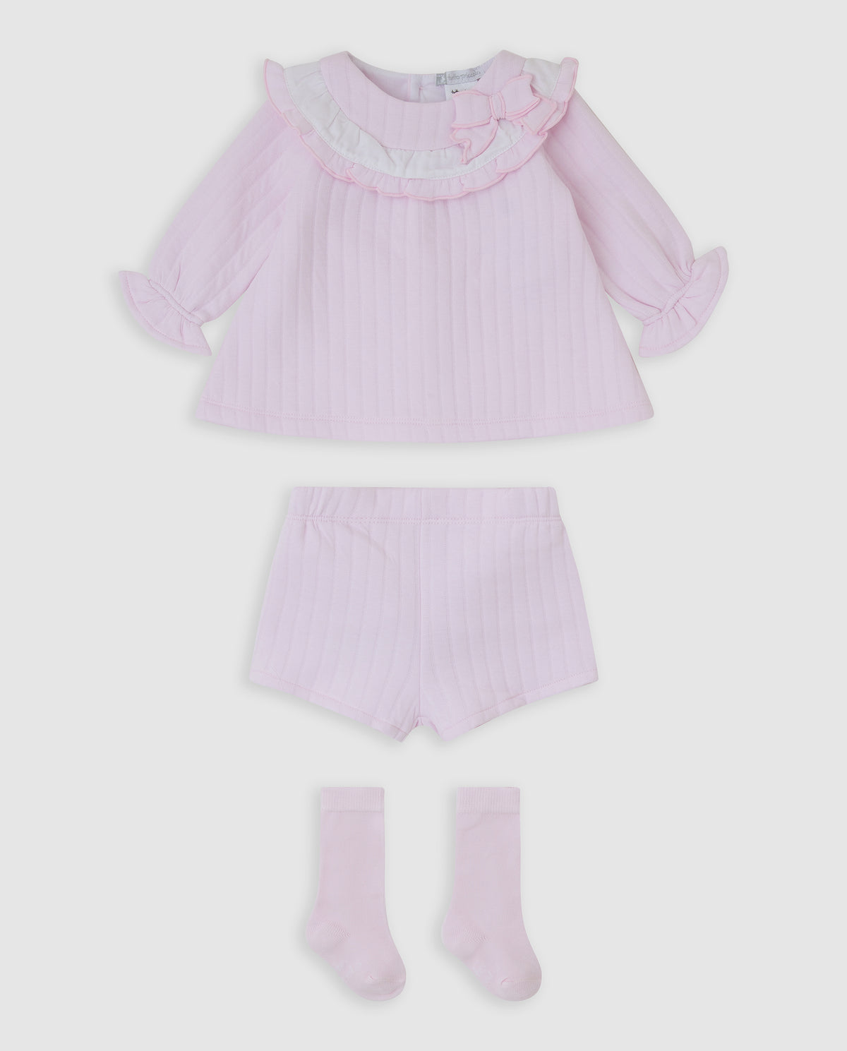 Tutto Piccolo 3-delige roze baby set meisjes - jurk met dubbele ruffle kraag en strik, bijpassend broekje en roze kniekousen