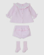  Tutto Piccolo 3-delige roze baby set meisjes achterkant - roze jurk met knoopjes, broekje met ruffles en roze sokken