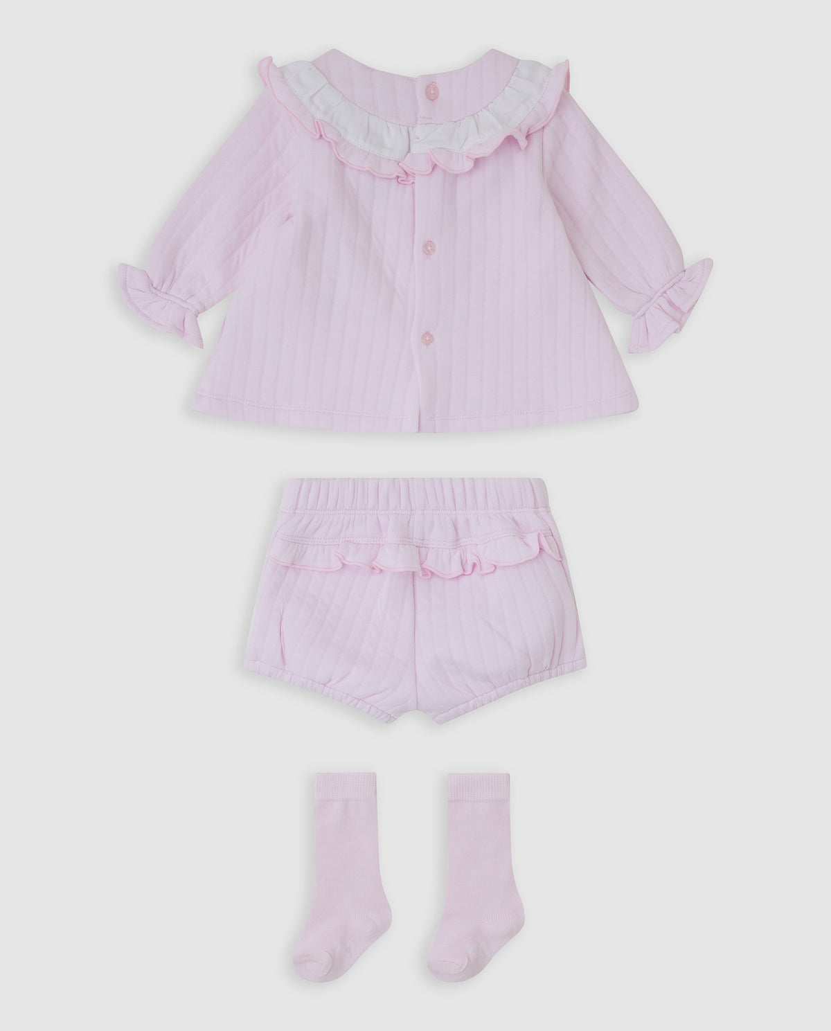  Tutto Piccolo 3-delige roze baby set meisjes achterkant - roze jurk met knoopjes, broekje met ruffles en roze sokken