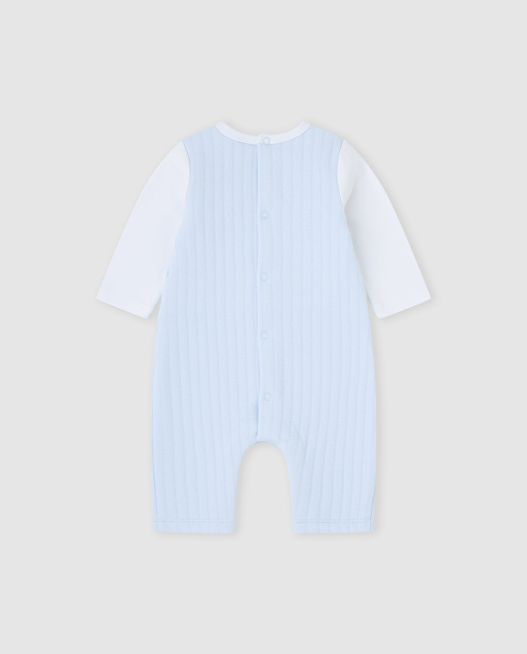 Tutto Piccolo lichtblauw baby tuinpak jongens achterkant - gestreepte stof met witte kraag