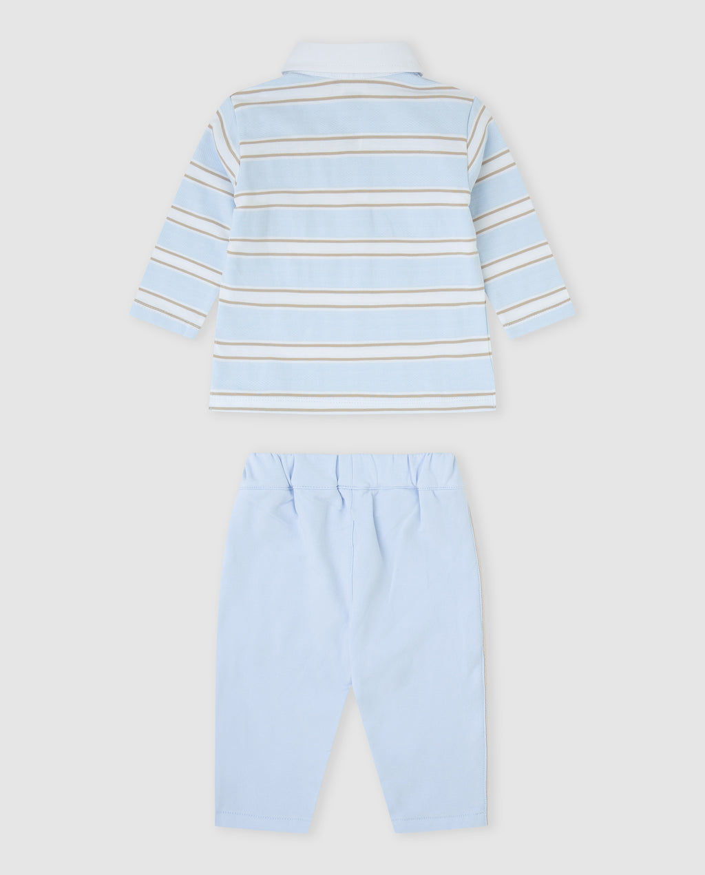 Tutto Piccolo 2-delige gestreepte jongens set achterkant - gestreepte polo met witte kraag en lichtblauwe broek met elastische tailleband