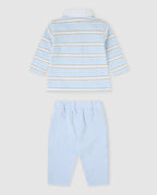 Tutto Piccolo 2-delige gestreepte jongens set achterkant - gestreepte polo met witte kraag en lichtblauwe broek met elastische tailleband