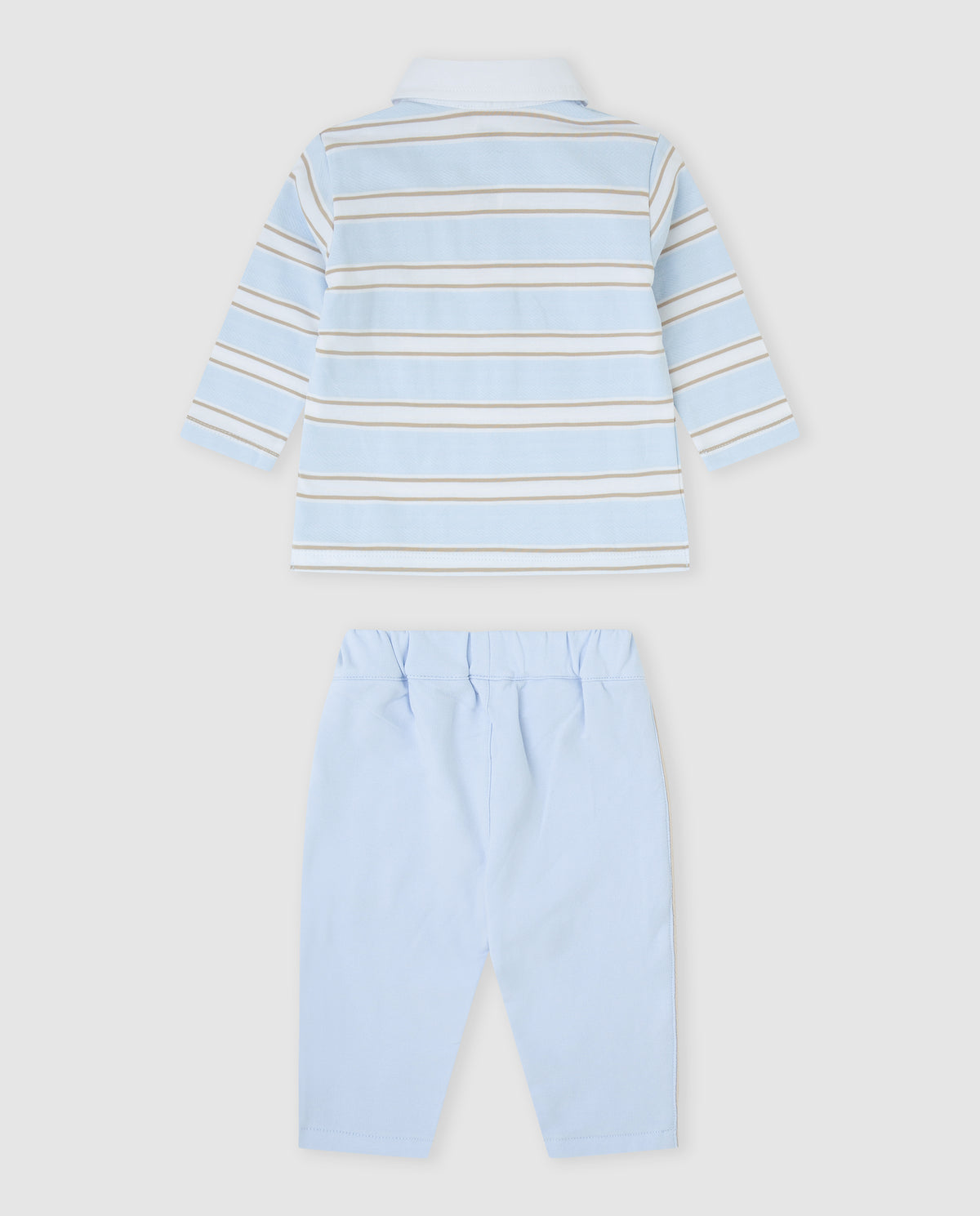 Tutto Piccolo 2-delige gestreepte jongens set achterkant - gestreepte polo met witte kraag en lichtblauwe broek met elastische tailleband