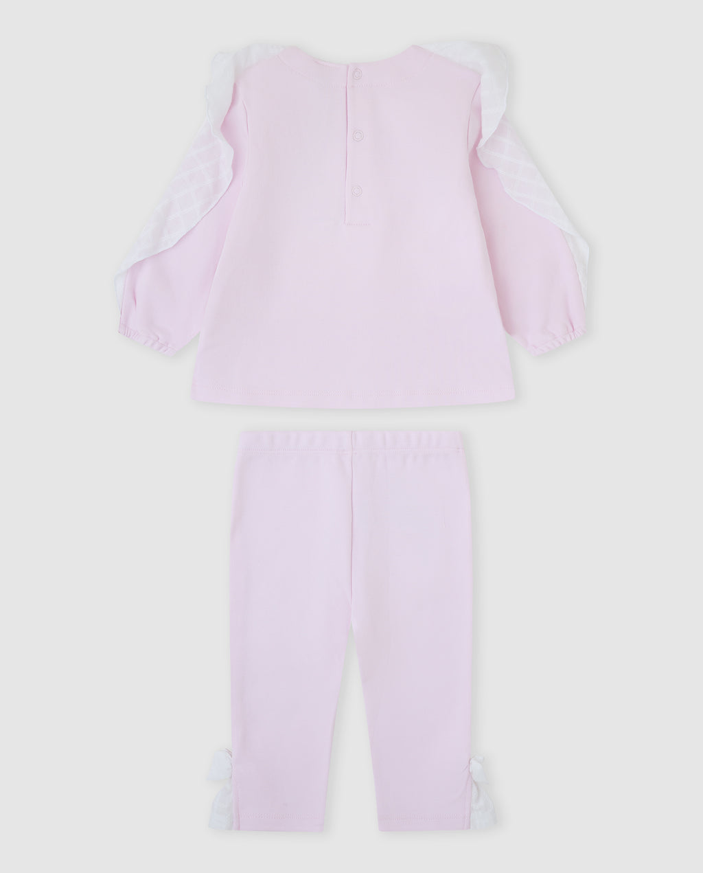 Tutto Piccolo 2-delige roze meisjes set achterkant - blouse met knoopsluiting en roze legging met witte strikjes aan de enkels