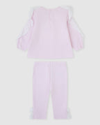 Tutto Piccolo 2-delige roze meisjes set achterkant - blouse met knoopsluiting en roze legging met witte strikjes aan de enkels