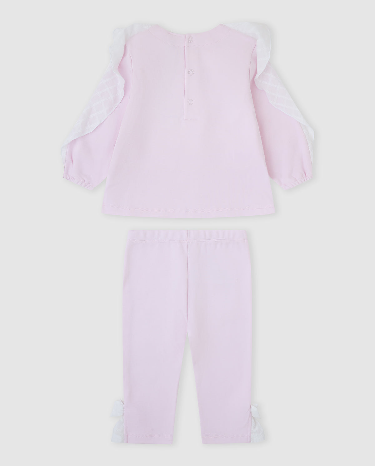Tutto Piccolo 2-delige roze meisjes set achterkant - blouse met knoopsluiting en roze legging met witte strikjes aan de enkels