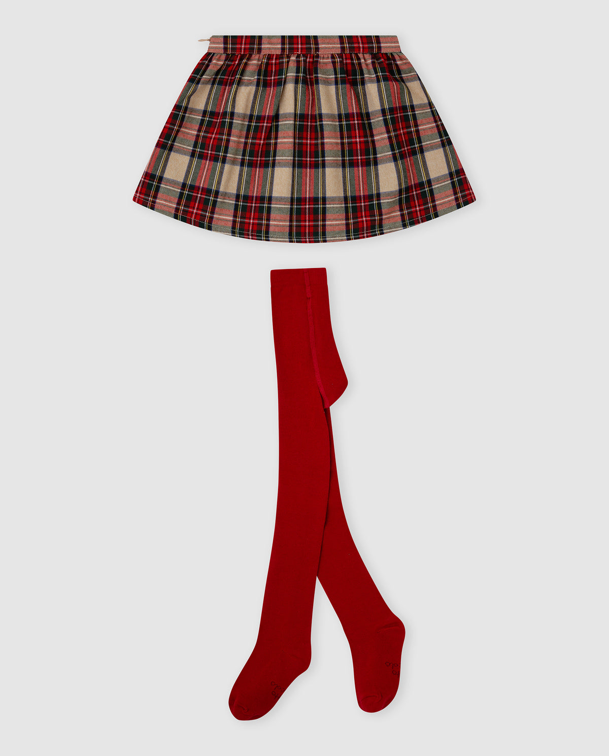 Tutto Piccolo 2-delige Tartan meisjes set voorkant - geruite rok in rood, beige en zwart ruitpatroon met elastische tailleband en bijpassende rode maillot