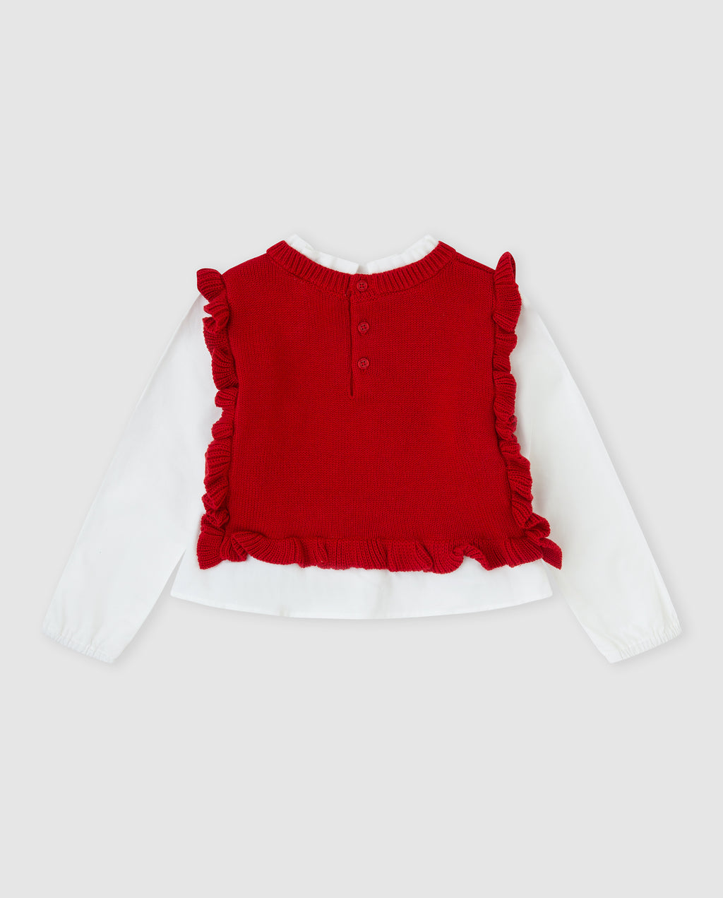 Tutto Piccolo rode gebreide meisjestrui achterkant - knoopsluiting aan de achterkant met ruffle randen en ingebouwde witte lange mouwen