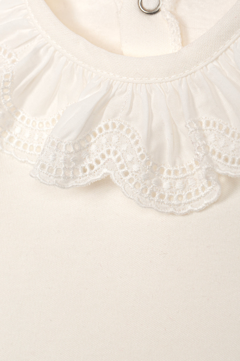 Close-up van de broderie anglaise kraag met kantdetail