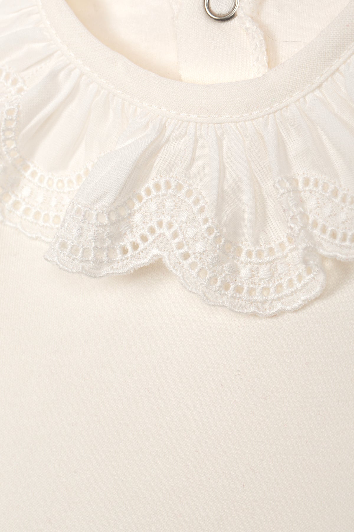 Close-up van de broderie anglaise kraag met kantdetail