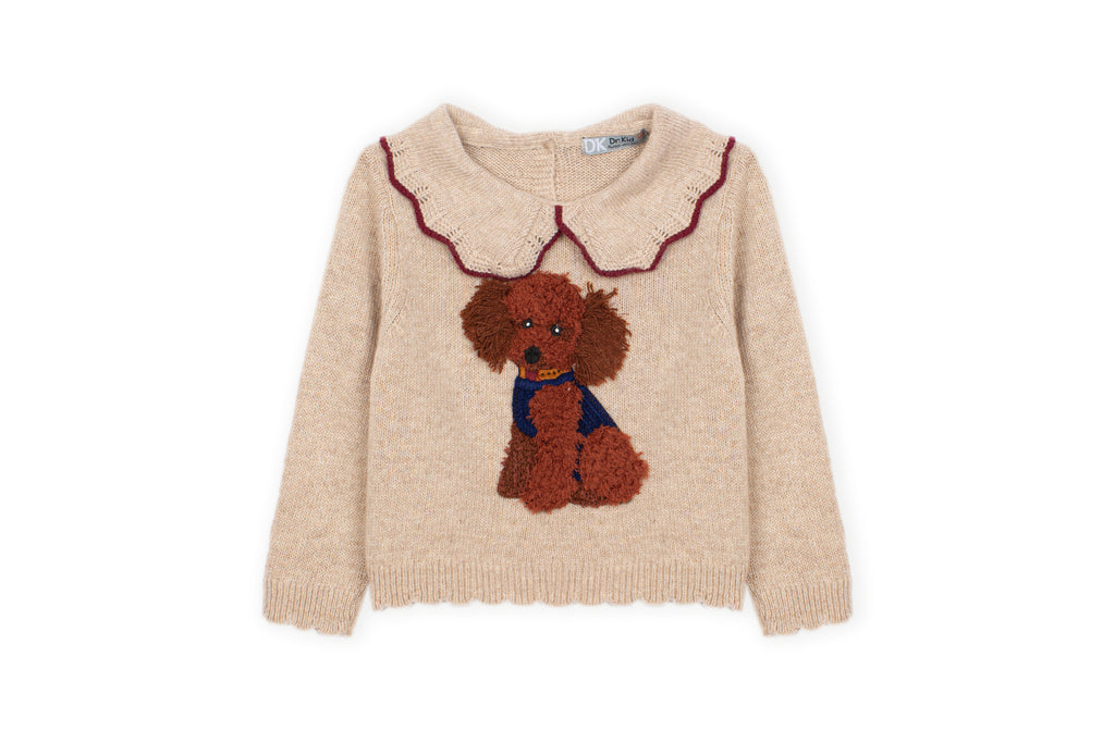 Voorkant van beige Dr. Kid kindertrui met bruin hondje, blauwe accenten en geschulpte kraag