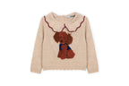 Voorkant van beige Dr. Kid kindertrui met bruin hondje, blauwe accenten en geschulpte kraag