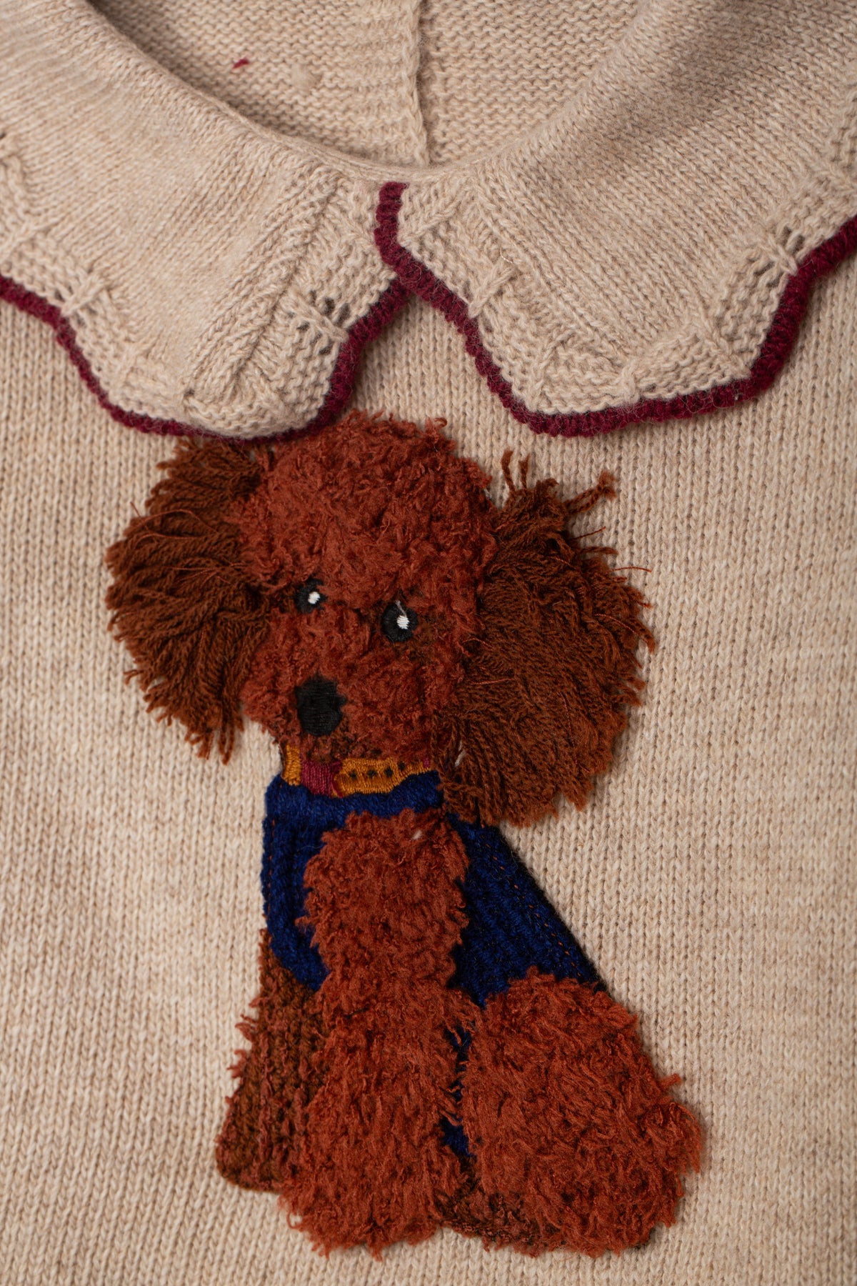 Tweede productfoto van de beige Dr. Kid kindertrui met hondje detail van zachte opdruk