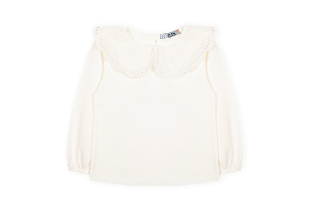 Wit ruffle t-shirt lange mouw meisjes - Dr. Kid DK330, geborduurd rufflesjaal