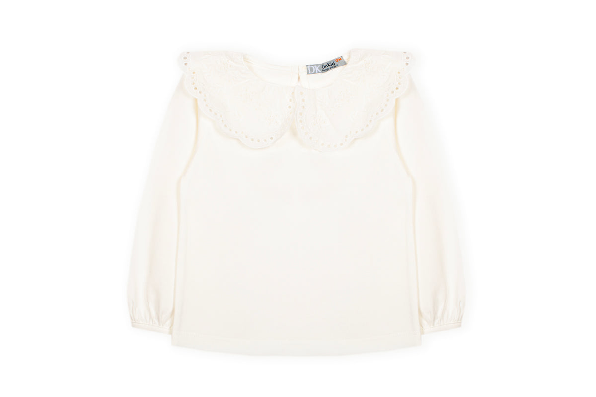 Wit ruffle t-shirt lange mouw meisjes - Dr. Kid DK330, geborduurd rufflesjaal