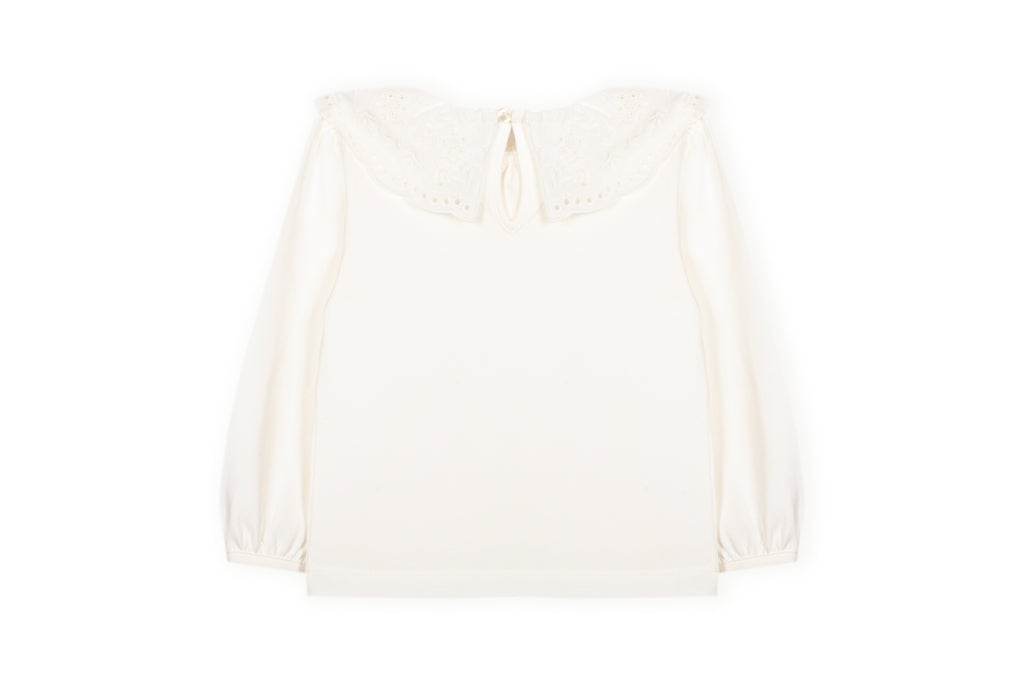 Achterkant wit ruffle t-shirt lange mouw meisjes Dr. Kid DK330, knoopsluiting nek