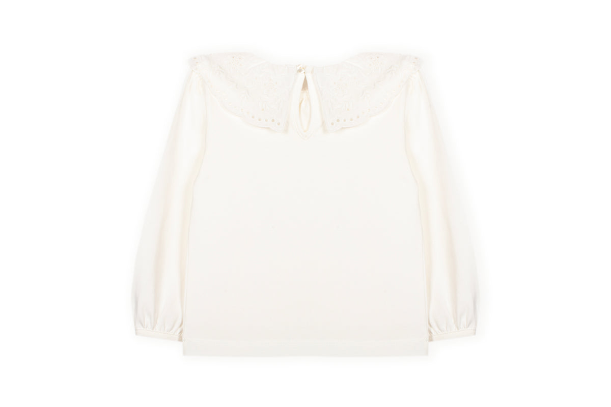 Achterkant wit ruffle t-shirt lange mouw meisjes Dr. Kid DK330, knoopsluiting nek