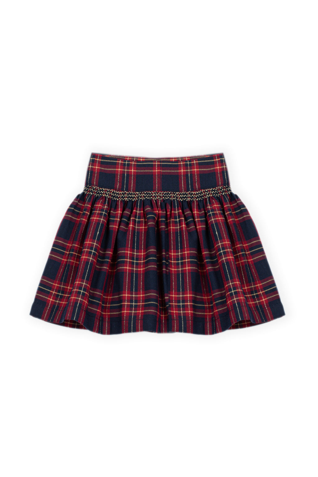 Geruite meisjesrok navy rood tartan met gouden sierband – vooraanzicht