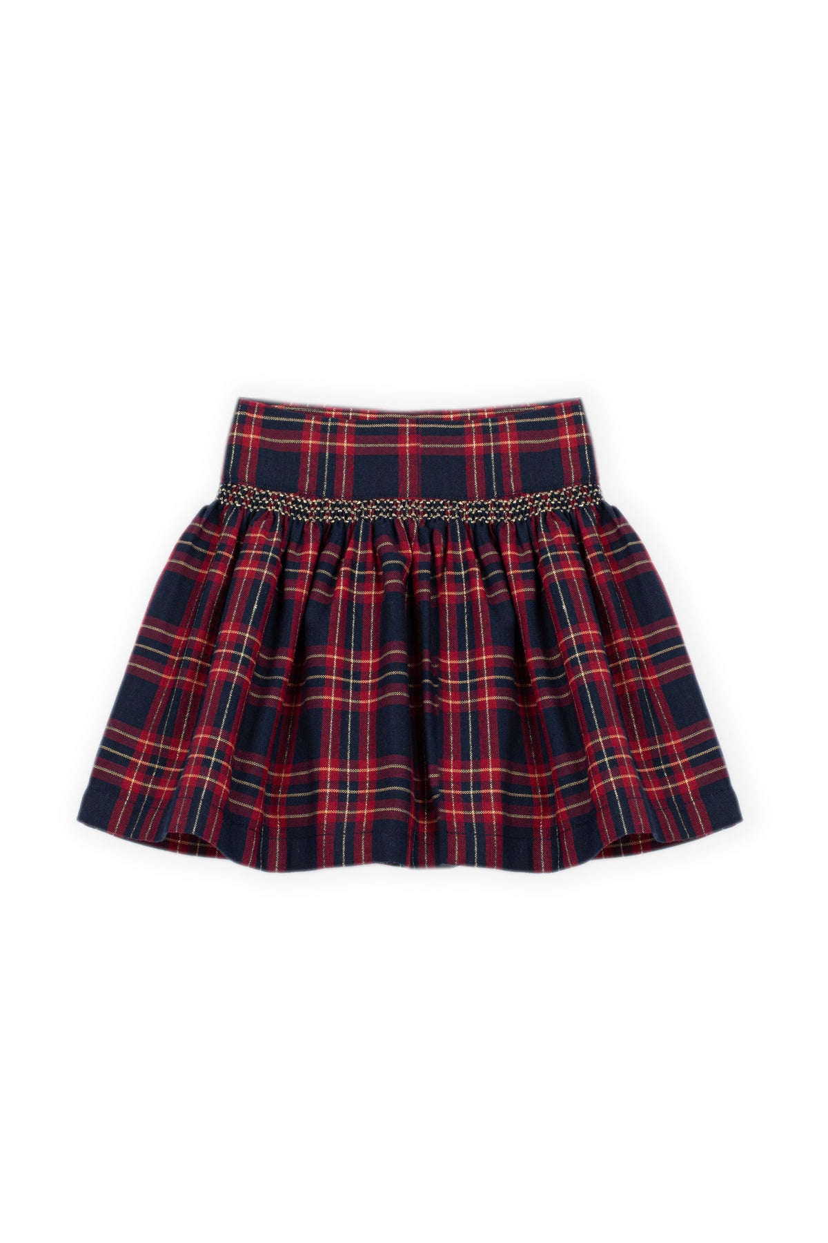 Geruite meisjesrok navy rood tartan met gouden sierband – vooraanzicht