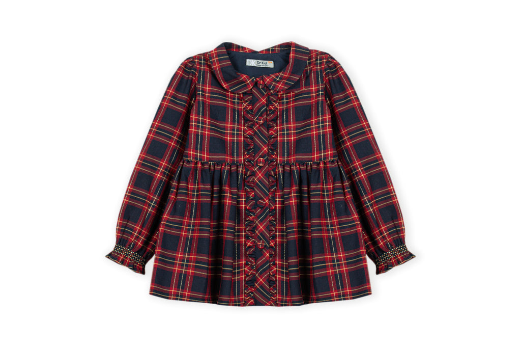 Geruite meisjesjurk navy rood tartan met ruchesdetail – vooraanzicht