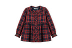 Geruite meisjesjurk navy rood tartan met ruchesdetail – vooraanzicht