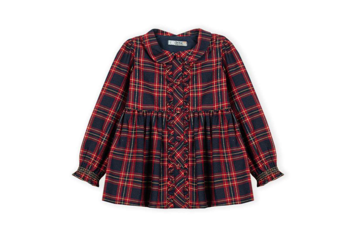 Geruite meisjesjurk navy rood tartan met ruchesdetail – vooraanzicht