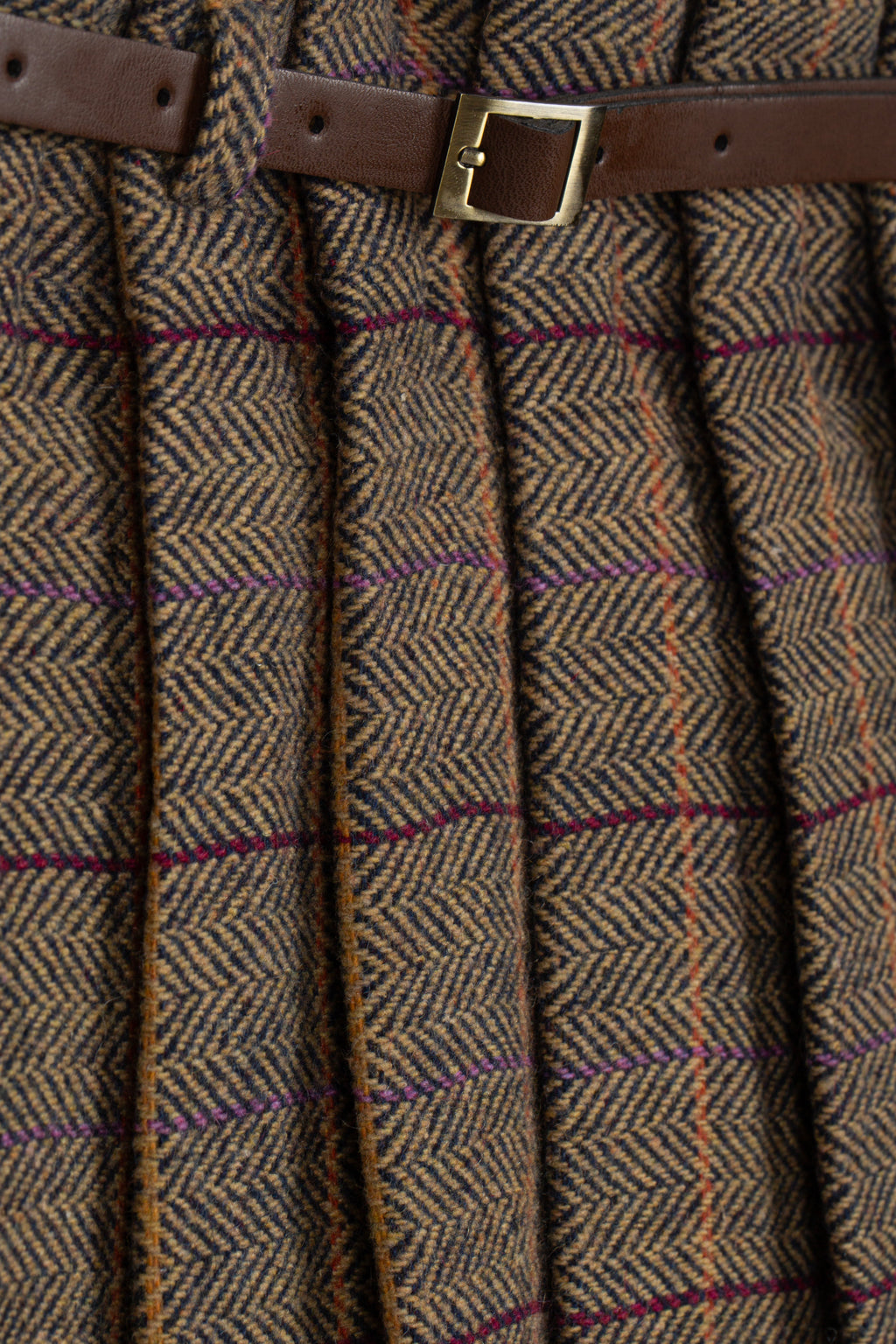Detailopname herringbone stof en goudkleurige gesp leren riem DK404