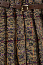 Detailopname herringbone stof en goudkleurige gesp leren riem DK404