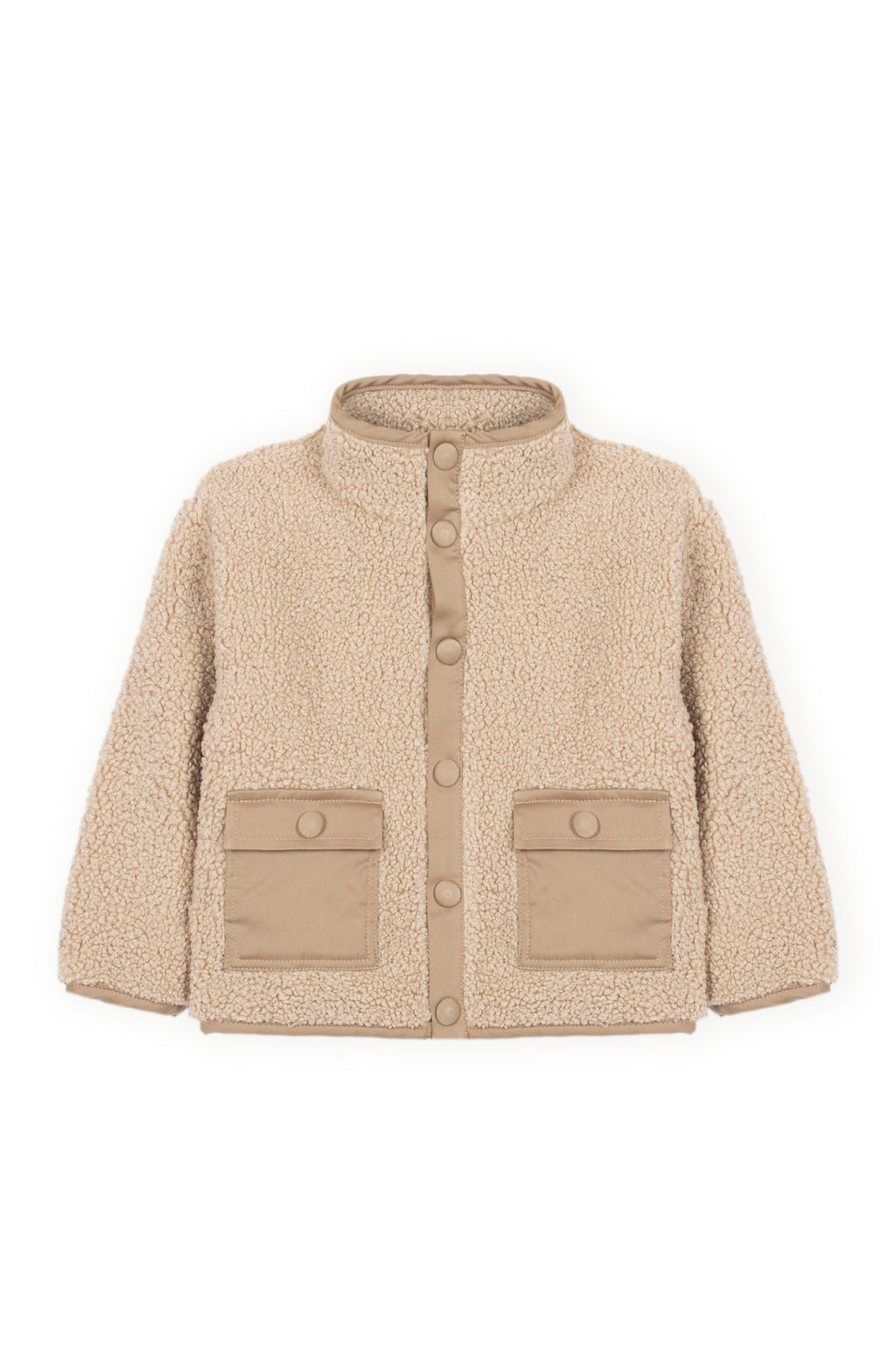 Voorkant van beige Dr. Kid teddyjas voor jongens met hoge kraag, drukknopen en twee zakken