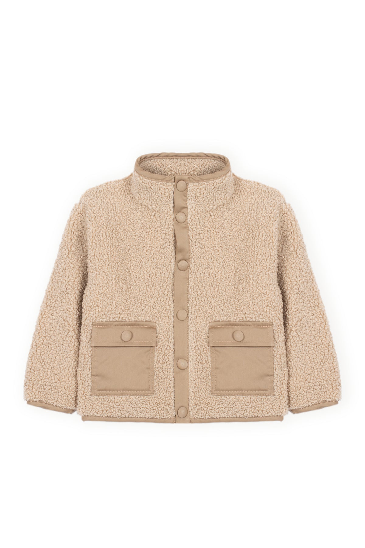 Voorkant van beige Dr. Kid teddyjas voor jongens met hoge kraag, drukknopen en twee zakken