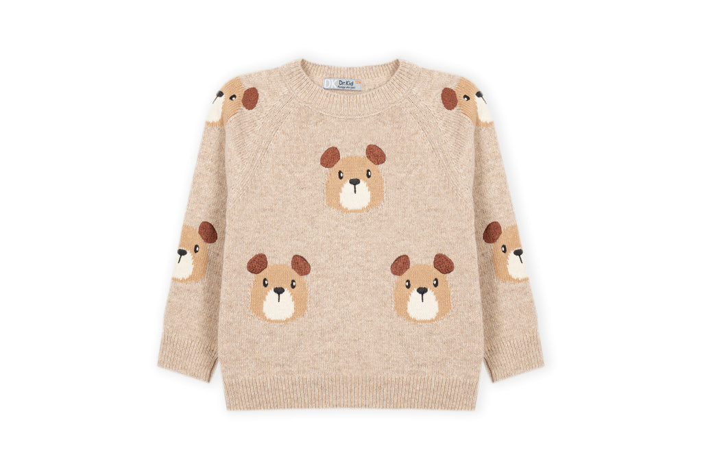 Dr. Kid gebreide trui beige met berenprint – voorkant, babykleding lange mouw