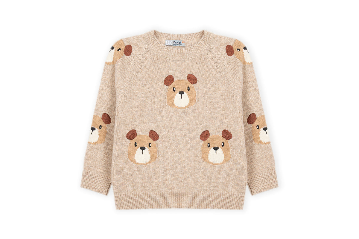 Dr. Kid gebreide trui beige met berenprint – voorkant, babykleding lange mouw
