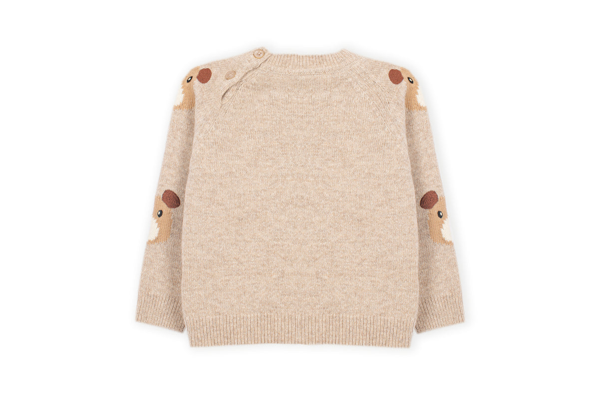 Dr. Kid gebreide trui beige – achterkant met knopen op schouder, berenprint
