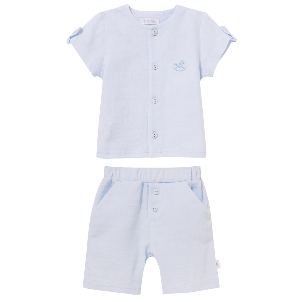 Sofija mousseline set Fabio blauw jongens 2-delig voorkant