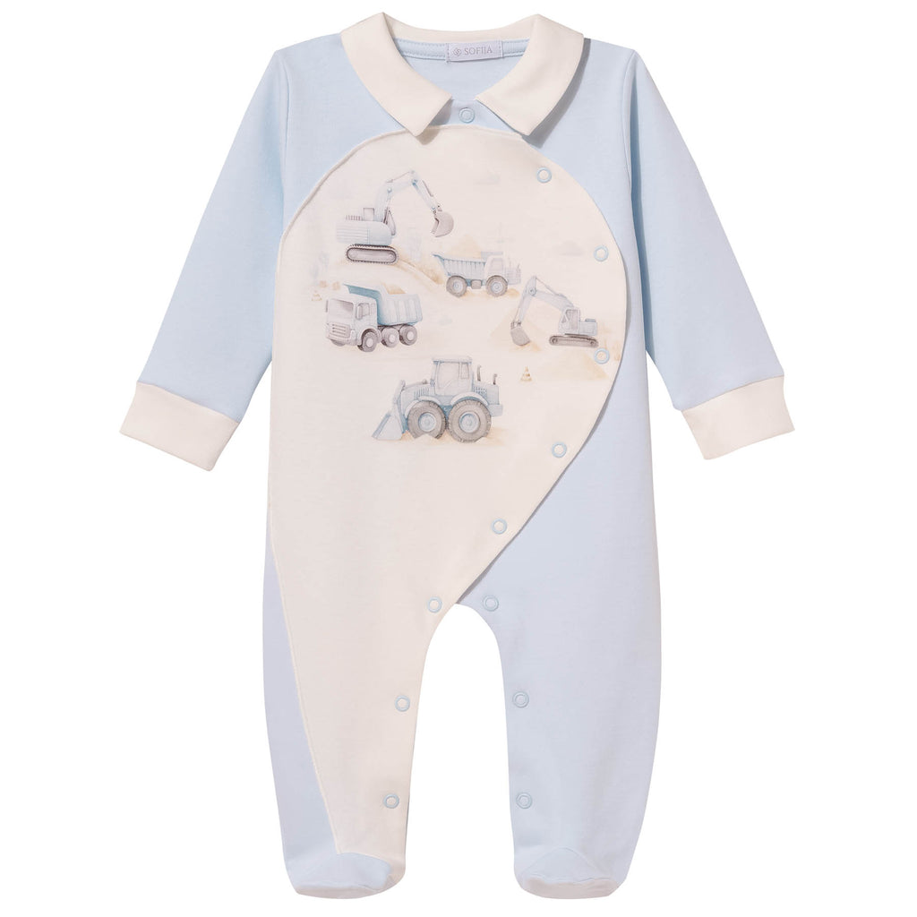 Lichtblauwe baby onesie met Peter Pan kraagje, crème vlak met 3D voertuig applicaties en drukknoopjes – MATTY Sofija