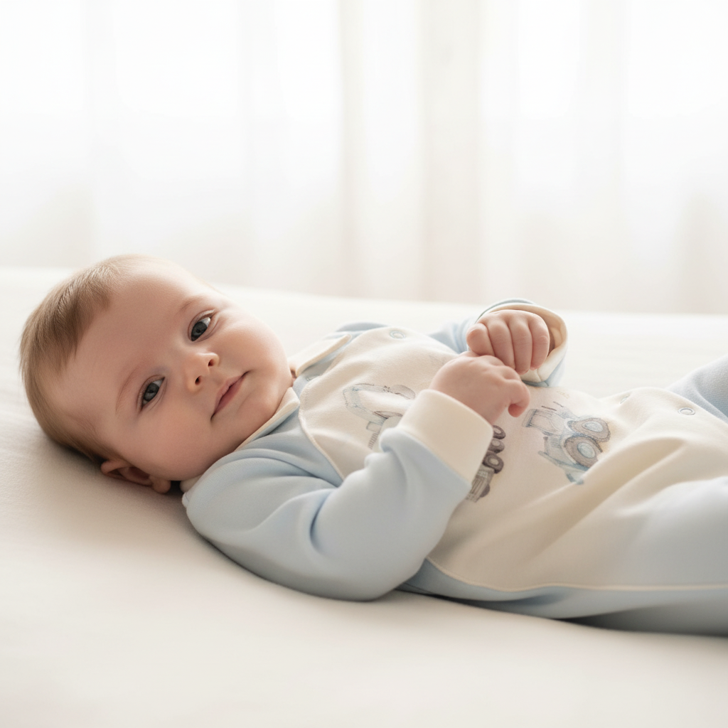 Pasgeboren baby liggend in lichtblauwe onesie met voertuig print – MATTY Sofija geboorteset