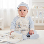 Baby jongen in lichtblauwe onesie met voertuig applicaties en mutsje, zittend op een wit bed – MATTY Sofija geboorteset
