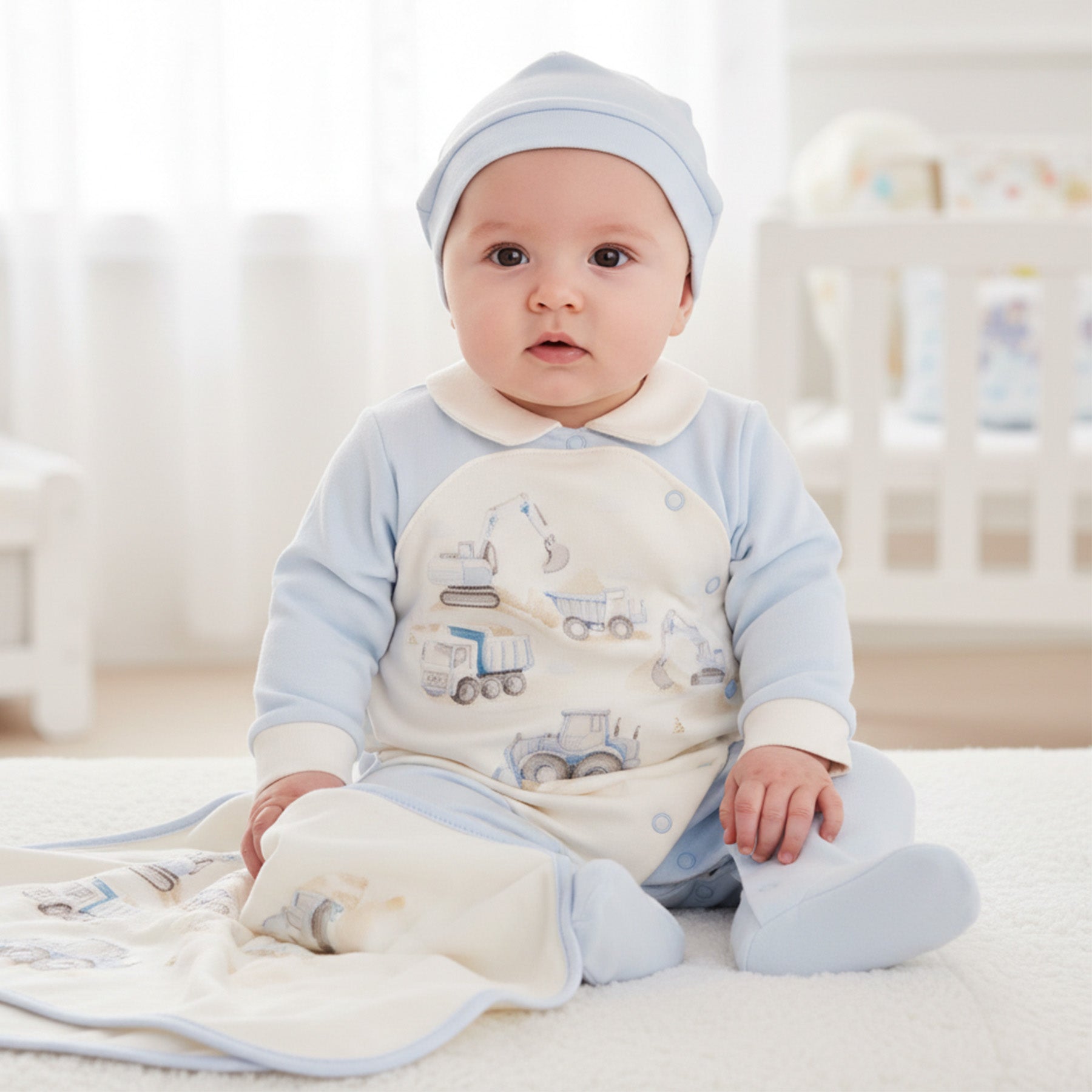 Baby jongen in lichtblauwe onesie met voertuig applicaties en mutsje, zittend op een wit bed – MATTY Sofija geboorteset