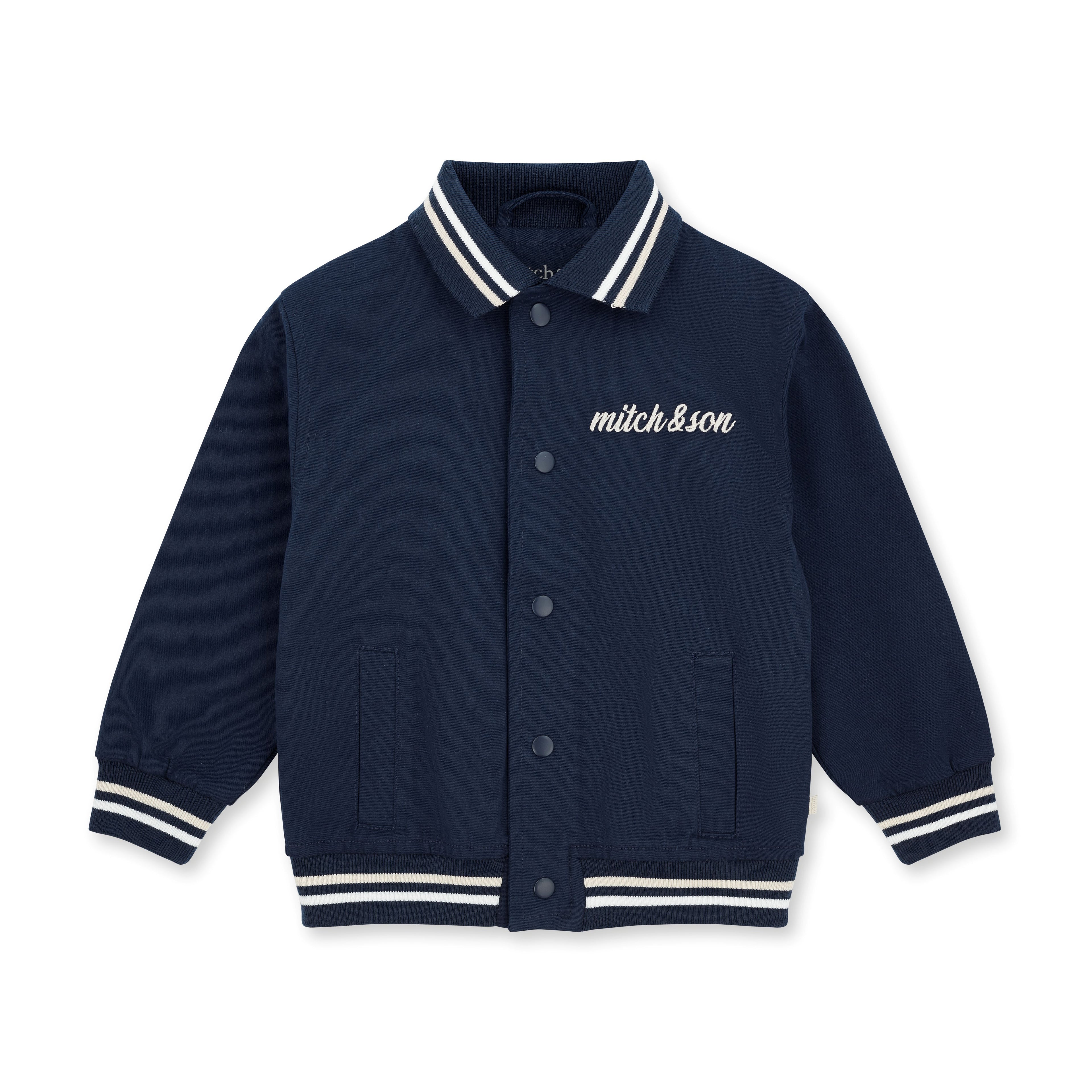 Navy blauwe bomberjack van Mitch & Son met drukknopen, geborduurd logo en gestreepte kraag en manchetten, Country Club collectie

