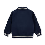 Achterkant navy blauwe bomberjack van Mitch & Son met gestreepte manchetten en zoom, Country Club collectie

