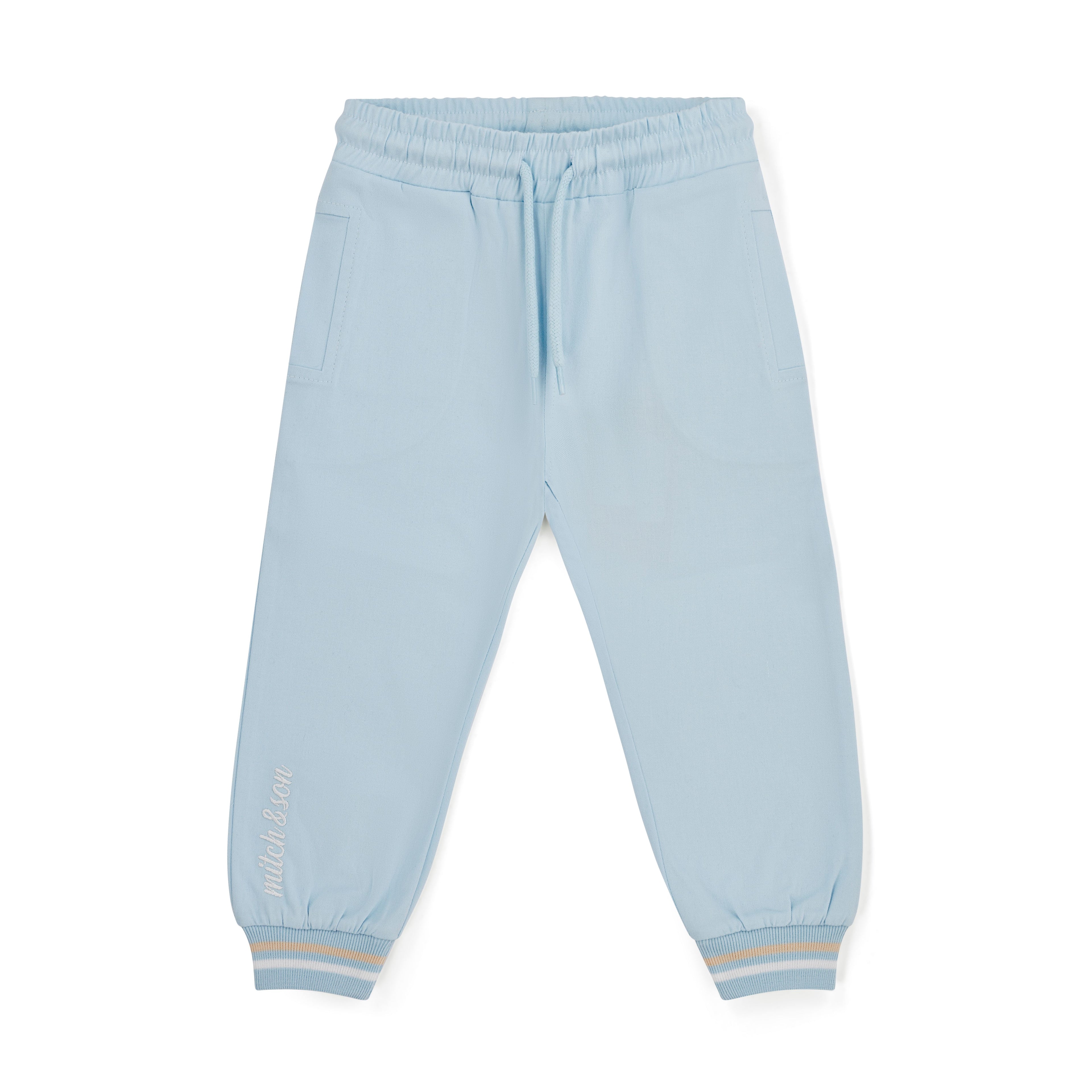 Lichtblauwe joggingbroek van Mitch & Son met elastische taille, Mitch & Son logo en gestreepte manchetten, Country Club collectie