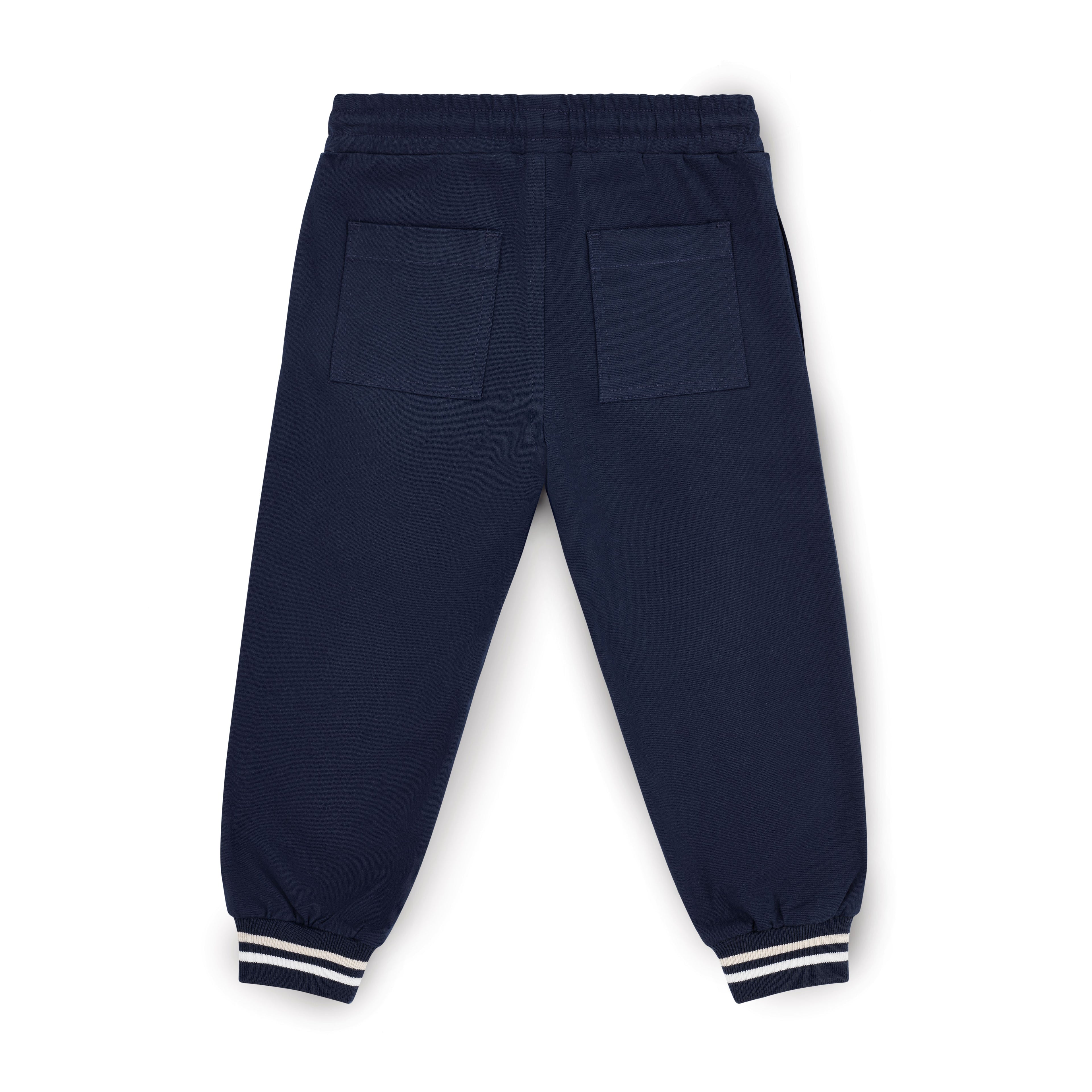 Achterkant navy blauwe joggingbroek van Mitch & Son met patchzakken en witte gestreepte manchetten, Country Club collectie
