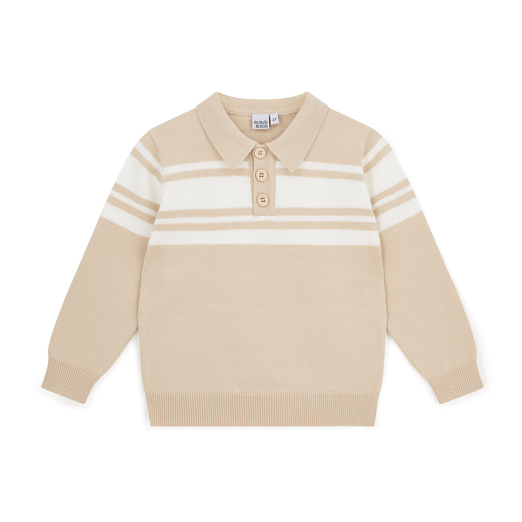 Mitch & Son Polo-sweater Travis Beige Voorkant – Witte Strepen & Knoopsluiting | Art. MS26421