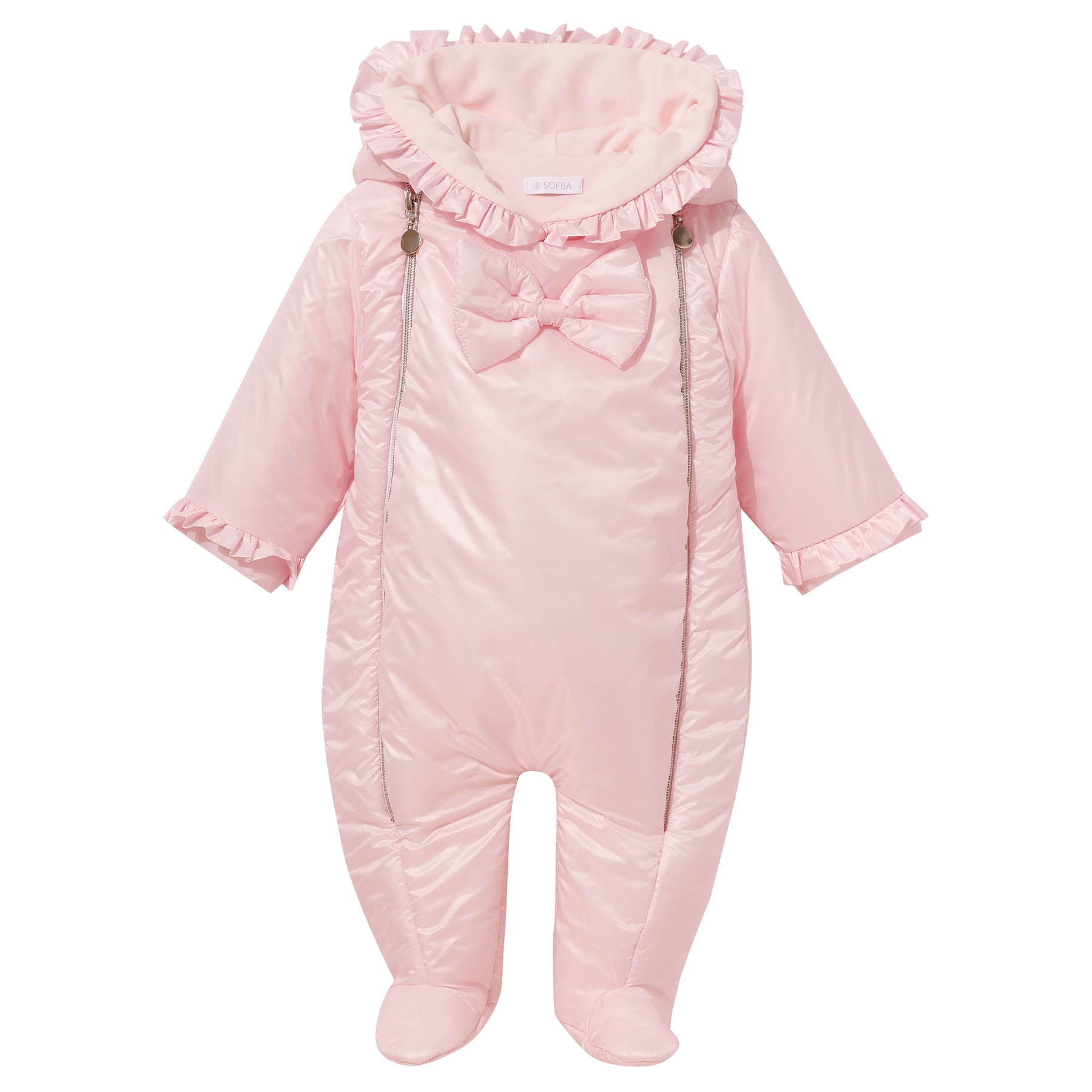 Roze baby snowsuit met ruches capuchon, strik detail, gouden ritsen en voetjes – PUFFY Sofija